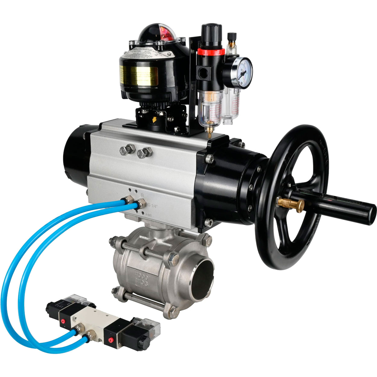 Ball valves Elephant BV3232P(3pc)-FP-W-ISO-H,  body material - Stainless steel AISI 316, seal - PTFE / PTFE / Teflon, with pneumatic actuator double action PA-DA-105-1, 4V320-10 220V, LSU APL-510N Ex, ATU AFC2000