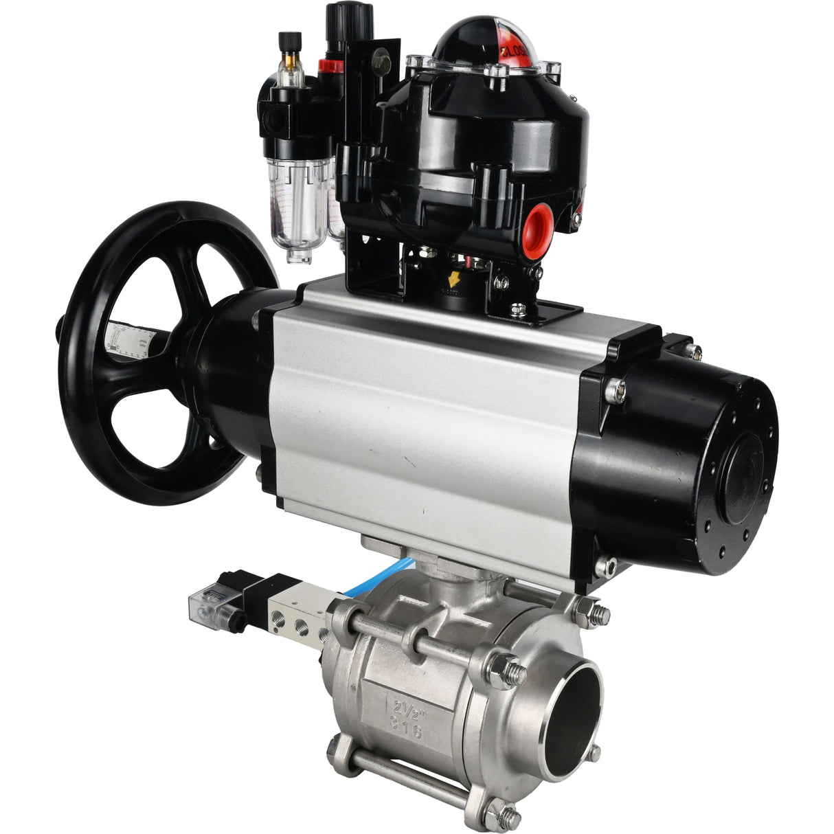 Ball valves Elephant BV3232P(3pc)-FP-W-ISO-H,  body material - Stainless steel AISI 316, seal - PTFE / PTFE / Teflon, with pneumatic actuator double action PA-DA-105-1, 4V320-10 220V, LSU APL-510N Ex, ATU AFC2000