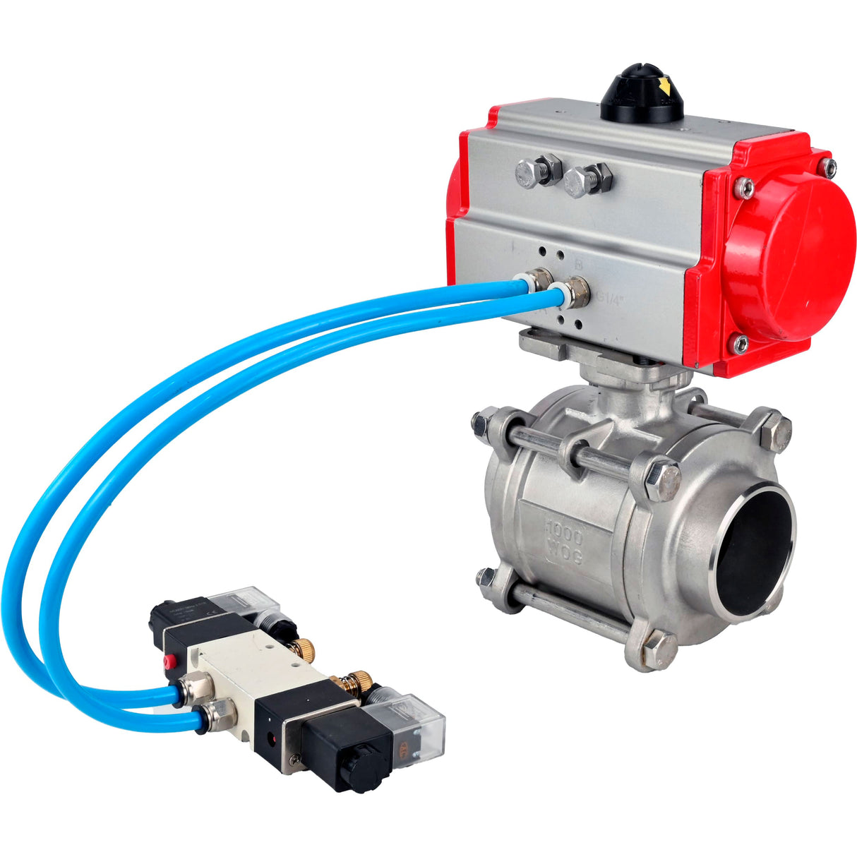Ball valves Elephant BV3232P(3pc)-FP-W-ISO-H WDVF DN15-32 63 bar full bore, body - 316 stainless steel, seal - PTFE, for welding, with PA-SA pneumatic actuator, pneumatic distributor 4V320-08 220V