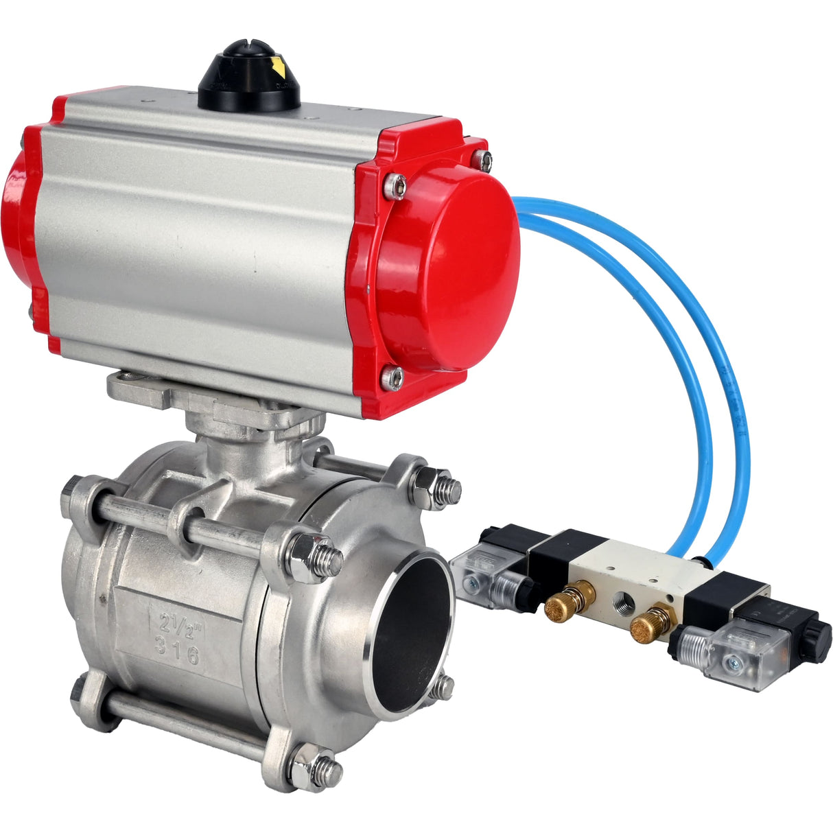Ball valves Elephant BV3232P(3pc)-FP-W-ISO-H WDVF DN15-32 63 bar full bore, body - 316 stainless steel, seal - PTFE, for welding, with PA-SA pneumatic actuator, pneumatic distributor 4V320-08 220V