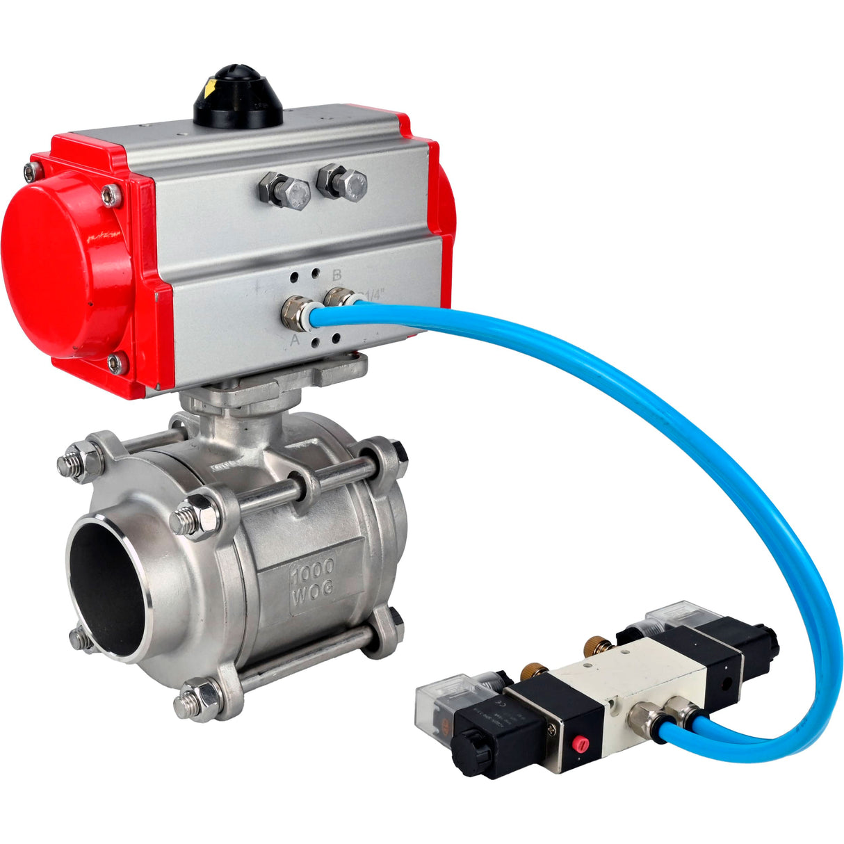 Ball valves Elephant BV3232P(3pc)-FP-W-ISO-H WDVF DN15-32 63 bar full bore, body - 316 stainless steel, seal - PTFE, for welding, with PA-SA pneumatic actuator, pneumatic distributor 4V320-08 220V