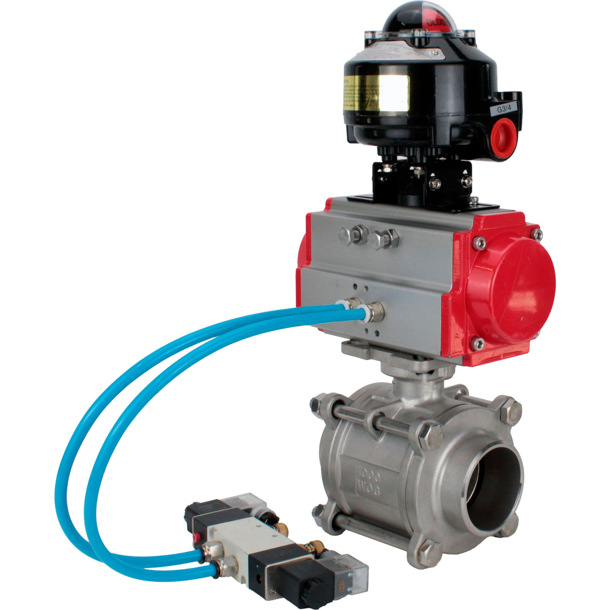 Ball valves Elephant BV3232P(3pc)-FP-W-ISO-H WDVF DN15-32 63 bar full bore, body - 316 stainless steel, seal - PTFE, for welding, with PA-SA pneumatic actuator, pneumatic distributor 4V320-10 220V, LSU APL-510N EX