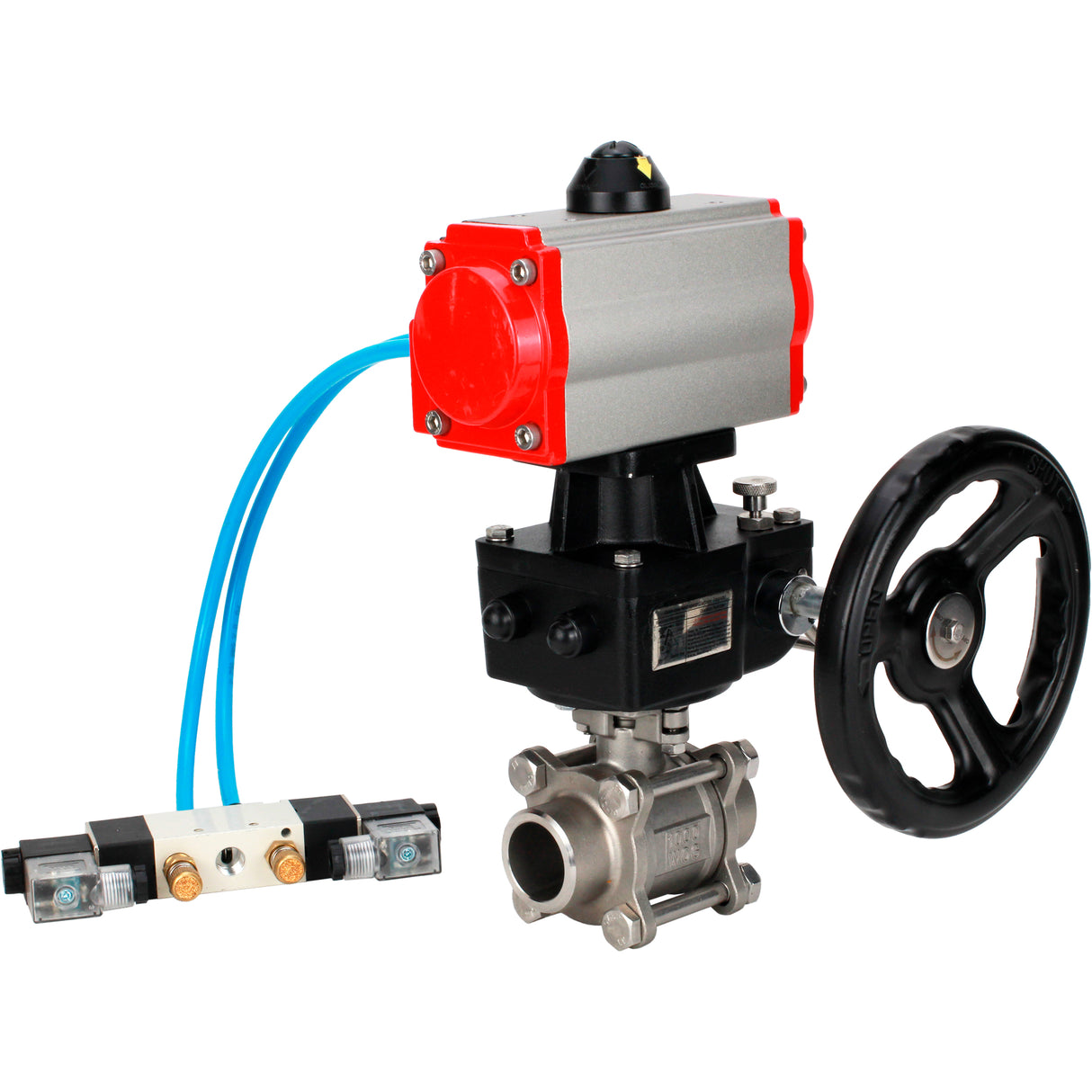 Ball valves Elephant BV3232P(3pc)-FP-W-ISO-H WDVF DN15-32 63 bar full bore, body - 316 stainless steel, seal - PTFE, for welding, with PA-DA pneumatic actuator, pneumatic distributor 4V320-10 220V, manual backup for MON