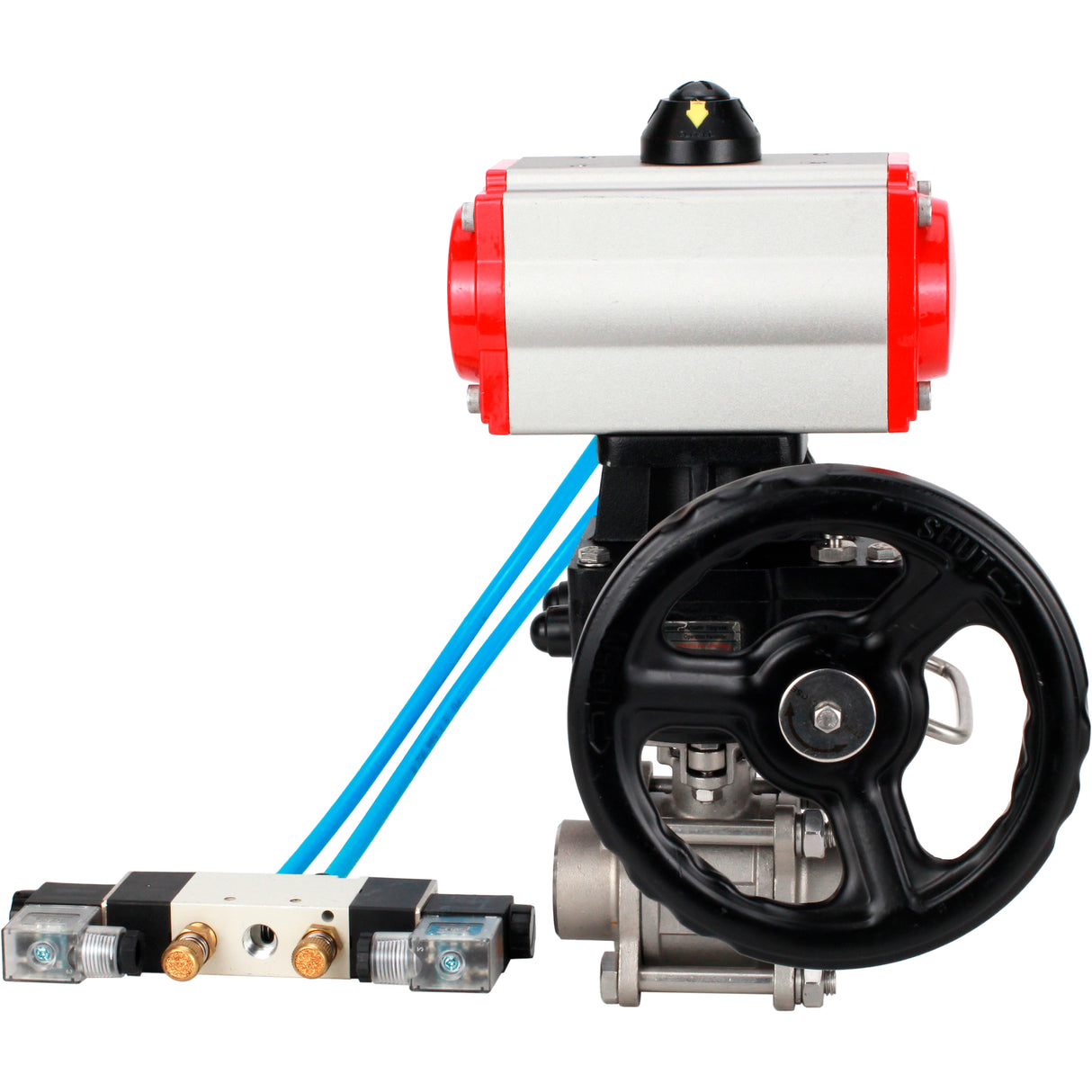 Ball valves Elephant BV3232P(3pc)-FP-W-ISO-H WDVF DN15-32 63 bar full bore, body - 316 stainless steel, seal - PTFE, for welding, with PA-DA pneumatic actuator, pneumatic distributor 4V320-10 220V, manual backup for MON
