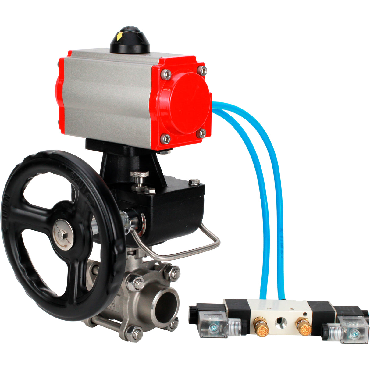Ball valves Elephant BV3232P(3pc)-FP-W-ISO-H WDVF DN15-32 63 bar full bore, body - 316 stainless steel, seal - PTFE, for welding, with PA-DA pneumatic actuator, pneumatic distributor 4V320-10 220V, manual backup for MON