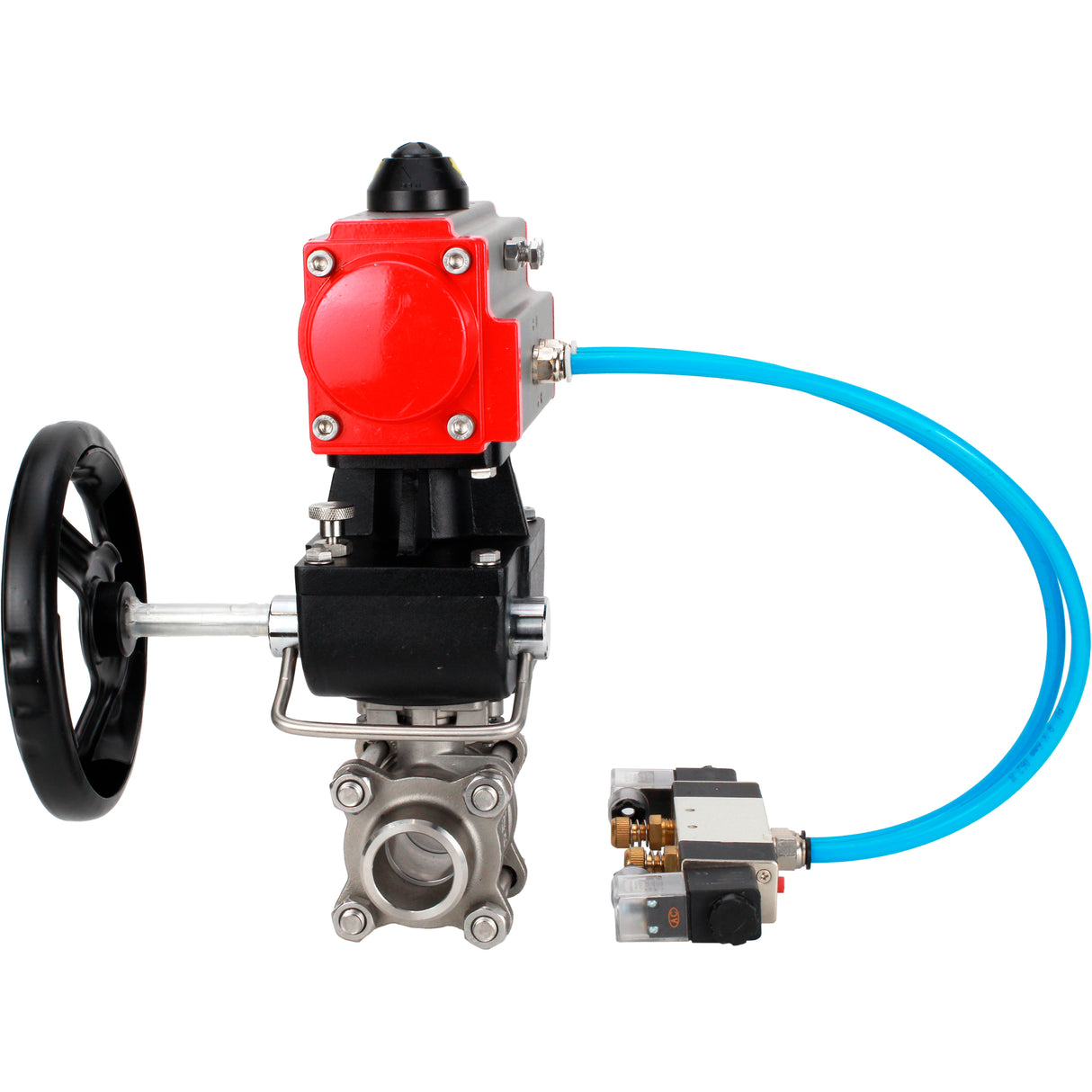 Ball valves Elephant BV3232P(3pc)-FP-W-ISO-H WDVF DN15-32 63 bar full bore, body - 316 stainless steel, seal - PTFE, for welding, with PA-DA pneumatic actuator, pneumatic distributor 4V320-10 220V, manual backup for MON