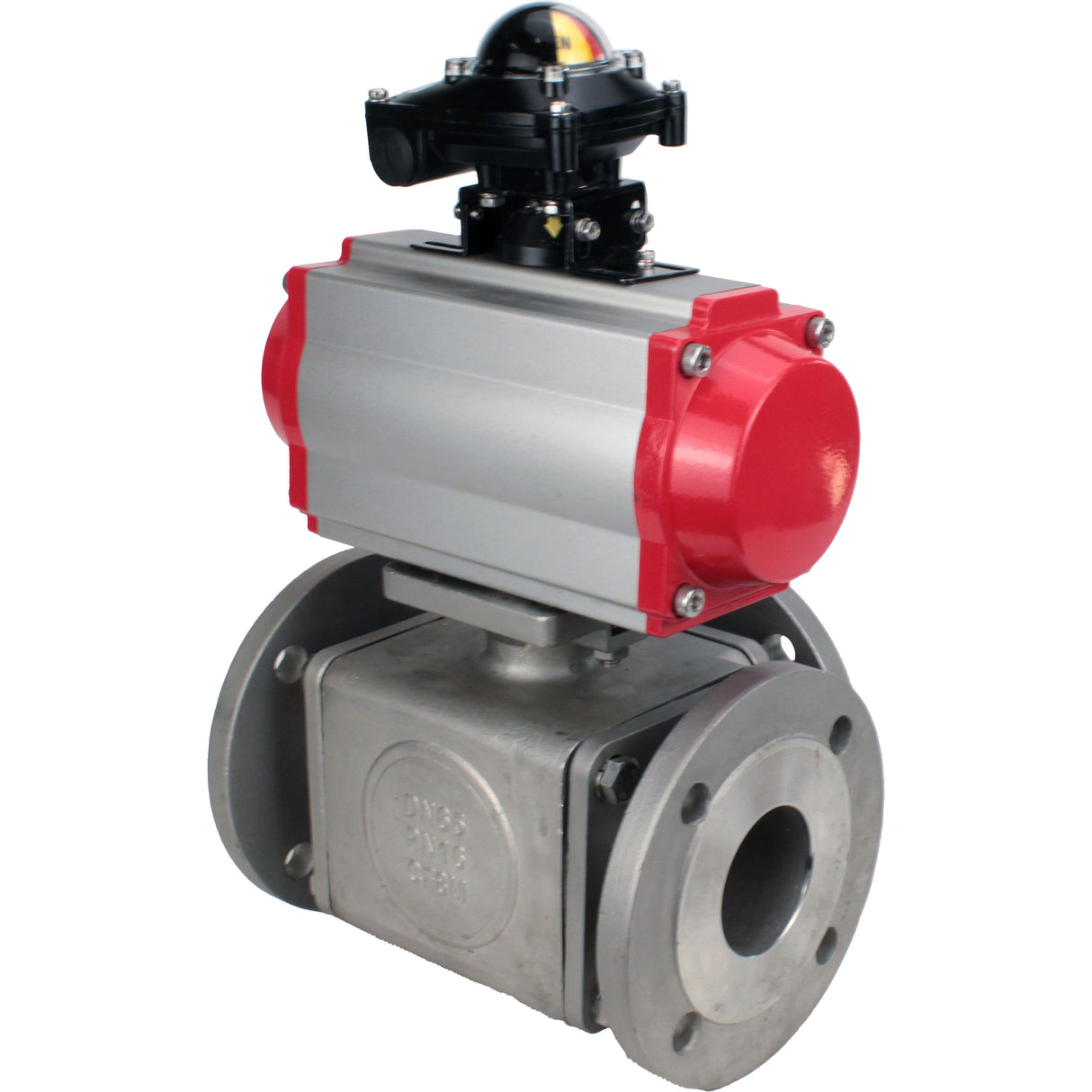 Ball valves Elephant BV3232P(4pc)-FP-3WL-F-ISO-H 16 bar full bore, flanged, body - stainless steel SS316, ISO flange F03/F04-F10/F12, square 9x9-19x19, with pneumatic drive PA-DA double acting, pneumatic valve 4V320-8 220V and LSU AP