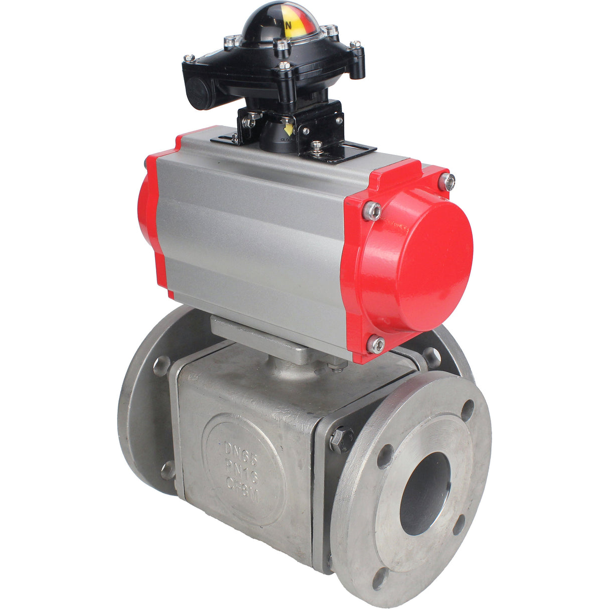 Ball valves Elephant BV3232P(4pc)-FP-3WL-F-ISO-H 16 bar full bore, flanged, body - stainless steel SS316, ISO flange F03/F04-F10/F12, square 9x9-19x19, with pneumatic drive Elephant PA-DA double action and LSU APL-210N
