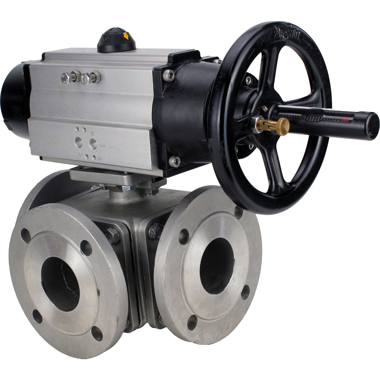 Ball valves Elephant BV3232P(4pc)-FP-3WL-F-ISO-H DN100 16 bar full bore, flanged, body - stainless steel SS316, ISO flange F10/F12, square 19x19, with double pneumatic actuator PA-DA-105-1 actions