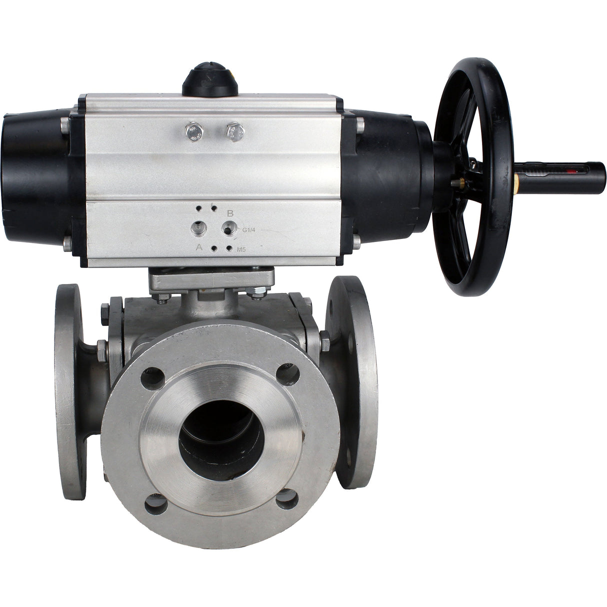 Ball valves Elephant BV3232P(4pc)-FP-3WL-F-ISO-H DN100 16 bar full bore, flanged, body - stainless steel SS316, ISO flange F10/F12, square 19x19, with double pneumatic actuator PA-DA-105-1 actions