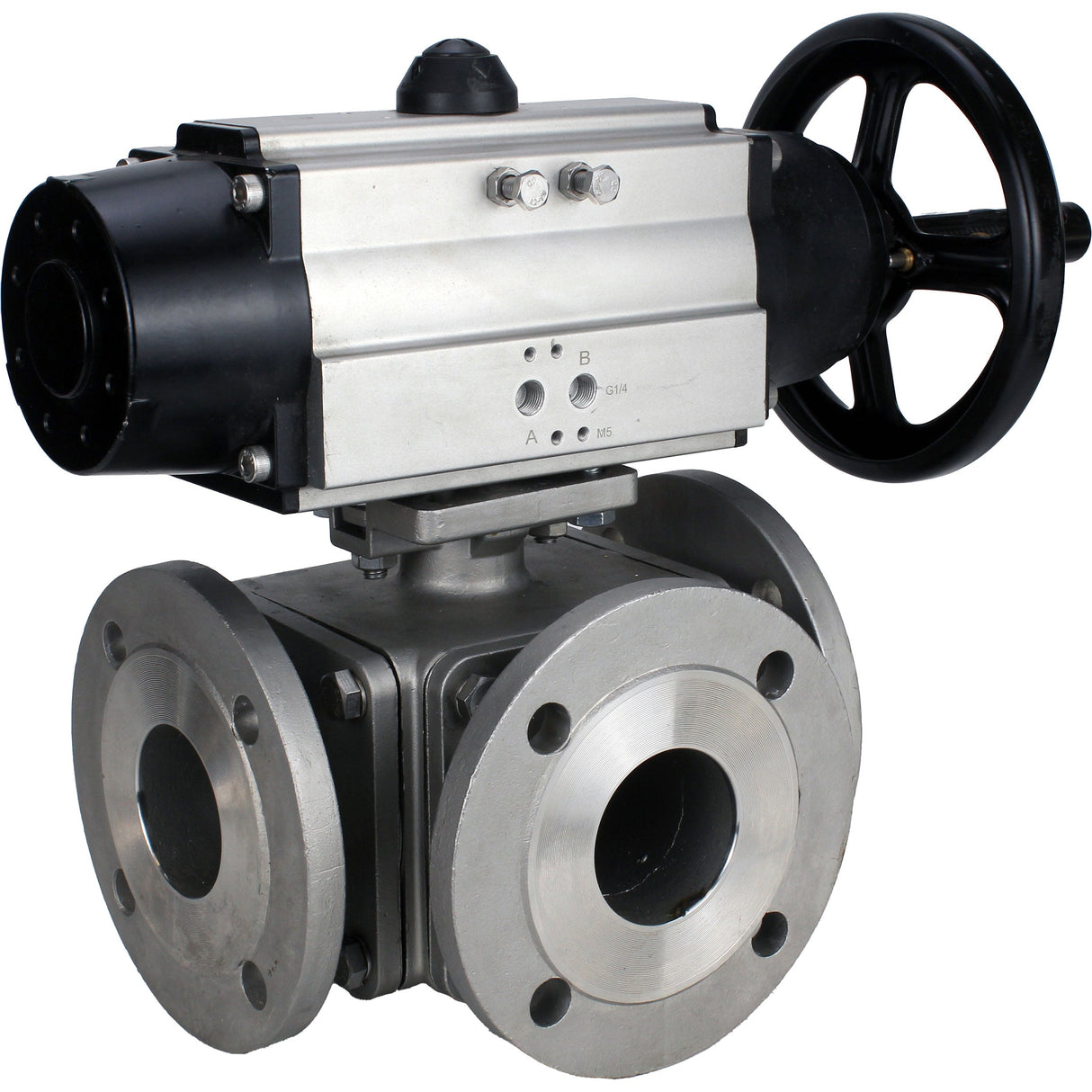 Ball valves Elephant BV3232P(4pc)-FP-3WL-F-ISO-H DN100 16 bar full bore, flanged, body - stainless steel SS316, ISO flange F10/F12, square 19x19, with double pneumatic actuator PA-DA-105-1 actions