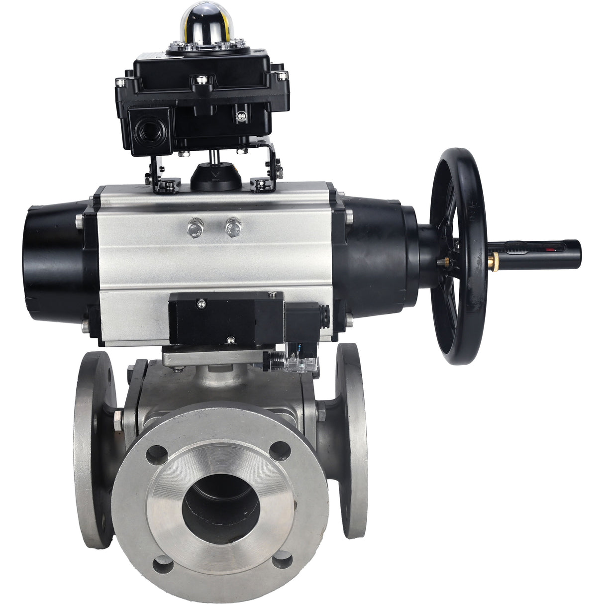 Ball valves Elephant BV3232P(4pc)-FP-3WL-F-ISO-H DN100 16 bar full bore, flanged, body - stainless steel SS316, ISO flange F10/F12, square 19x19, with double pneumatic actuator PA-DA-105-1 action, pneumatic distributor 4M310-08 220V and LSU APL-410N E