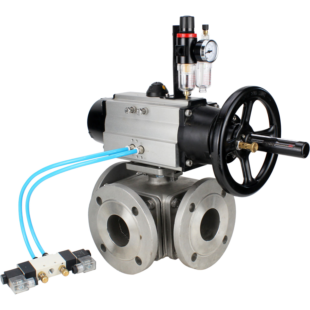 Ball valves Elephant BV3232P(4pc)-FP-3WL-F-ISO-H DN100 16 bar full bore, flanged, body - stainless steel SS316, ISO flange F10/F12, square 19x19, with double pneumatic actuator PA-DA-105-1 action, pneumatic distributor 4V320-10 220V and ATU AFC2000