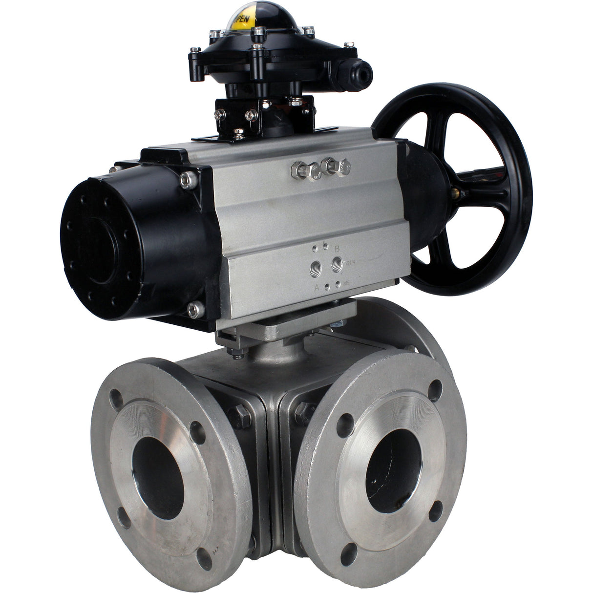 Ball valves Elephant BV3232P(4pc)-FP-3WL-F-ISO-H DN100 16 bar full bore, flanged, body - stainless steel SS316, ISO flange F10/F12, square 19x19, with double pneumatic actuator PA-DA-105-1 actions and LSU APL-210N