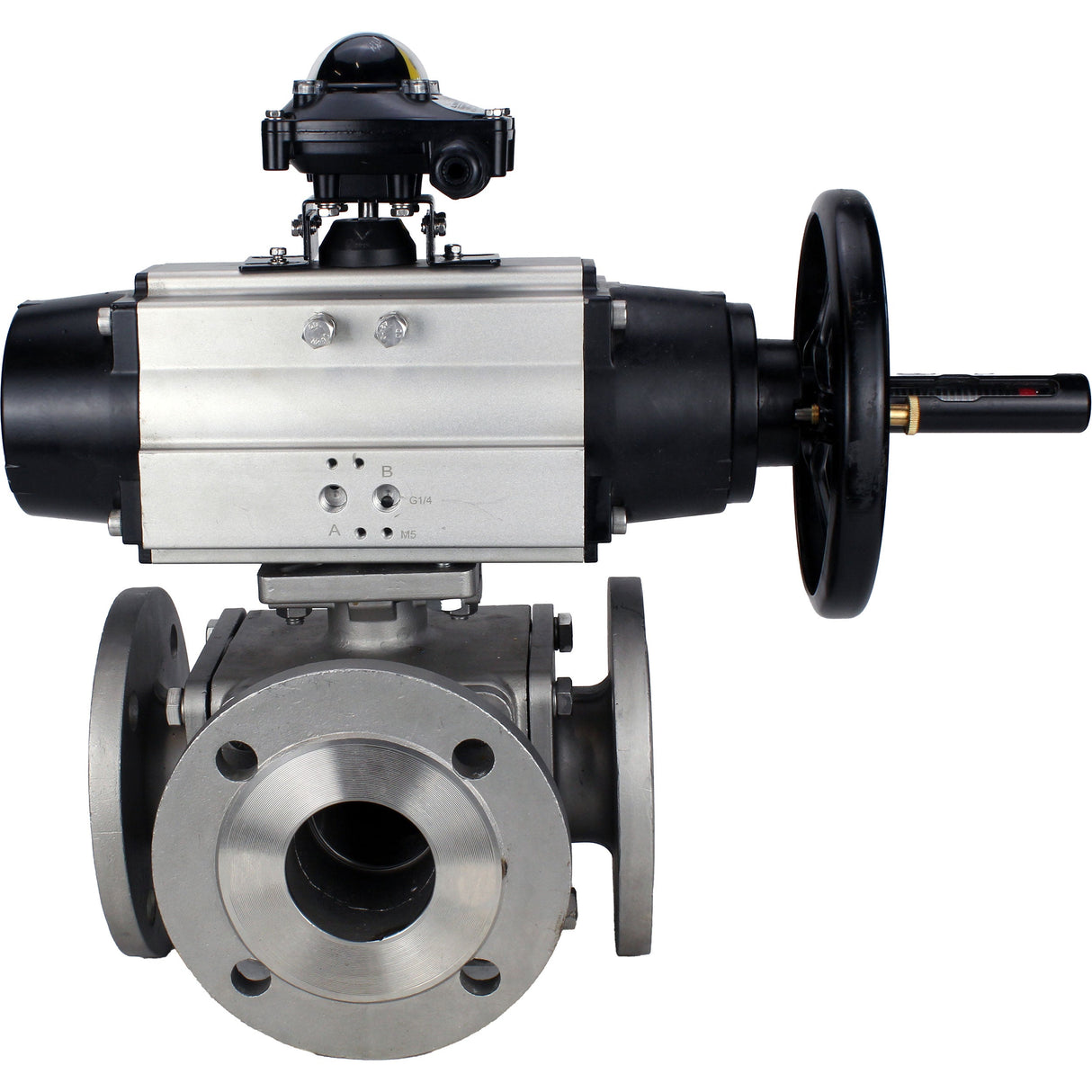 Ball valves Elephant BV3232P(4pc)-FP-3WL-F-ISO-H DN100 16 bar full bore, flanged, body - stainless steel SS316, ISO flange F10/F12, square 19x19, with double pneumatic actuator PA-DA-105-1 actions and LSU APL-210N
