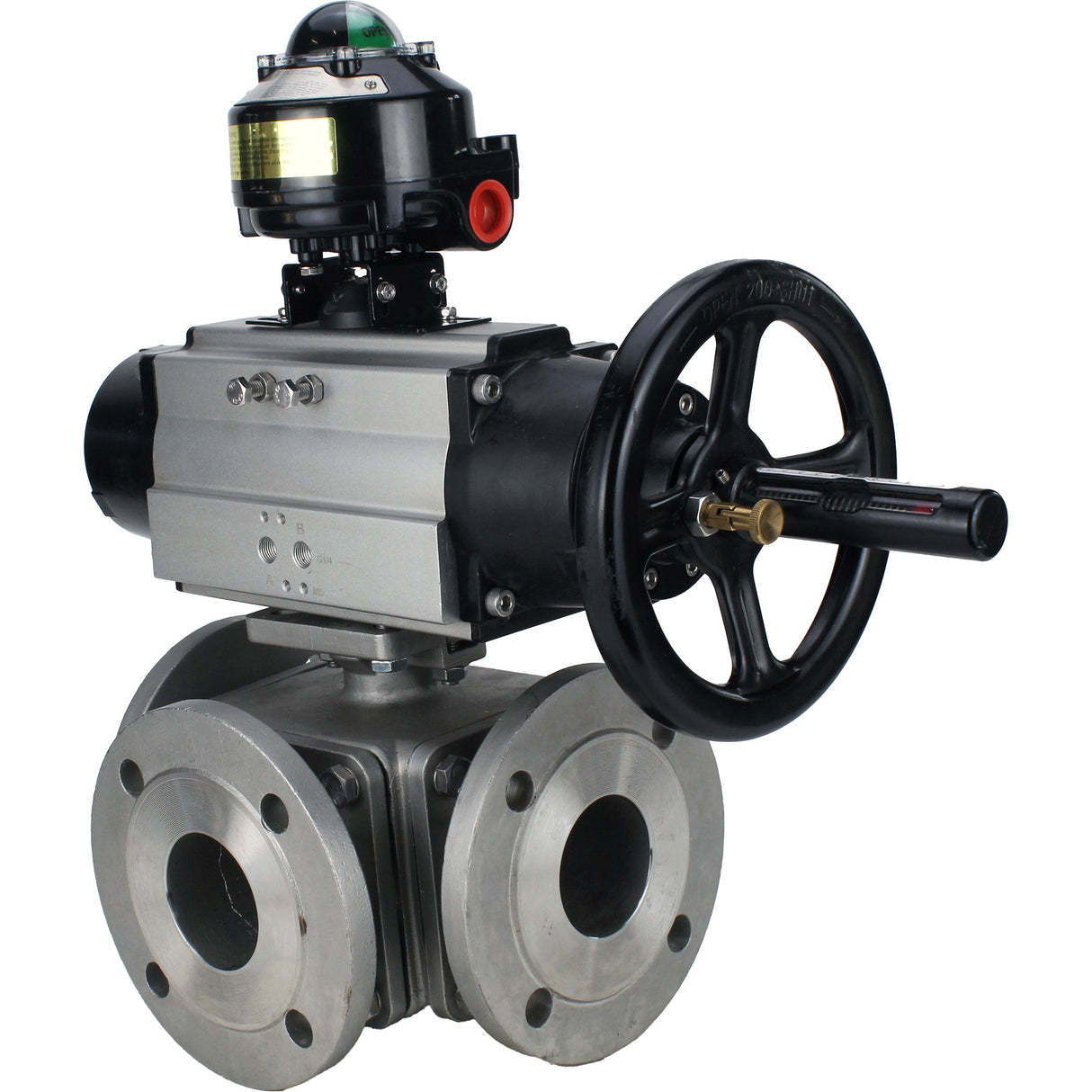 Ball valves Elephant BV3232P(4pc)-FP-3WL-F-ISO-H DN100 16 bar full bore, flanged, body - stainless steel SS316, ISO flange F10/F12, square 19x19, with double pneumatic actuator PA-DA-105-1 actions and LSU APL-510N EX