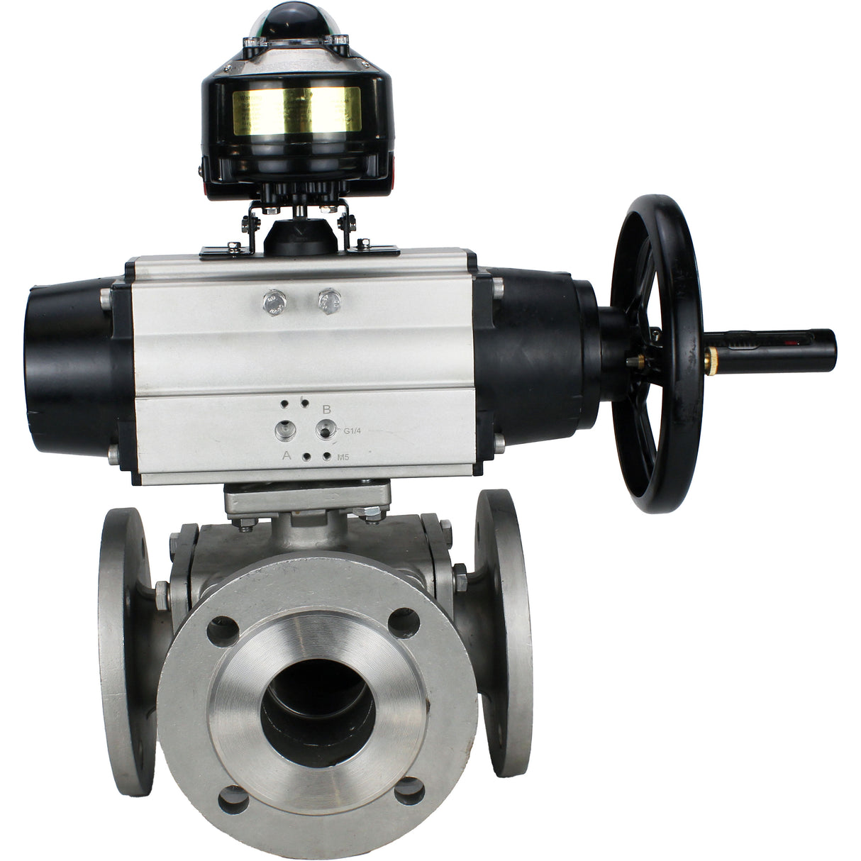 Ball valves Elephant BV3232P(4pc)-FP-3WL-F-ISO-H DN100 16 bar full bore, flanged, body - stainless steel SS316, ISO flange F10/F12, square 19x19, with double pneumatic actuator PA-DA-105-1 actions and LSU APL-510N EX