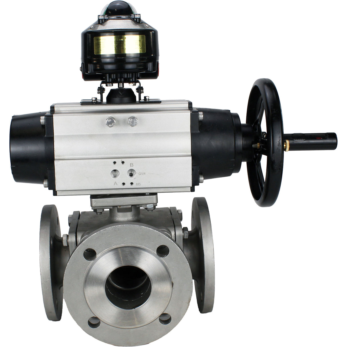 Ball valves Elephant BV3232P(4pc)-FP-3WL-F-ISO-H DN100 16 bar full bore, flanged, body - stainless steel SS316, ISO flange F10/F12, square 19x19, with double pneumatic actuator PA-DA-105-1 actions and LSU APL-510N EX