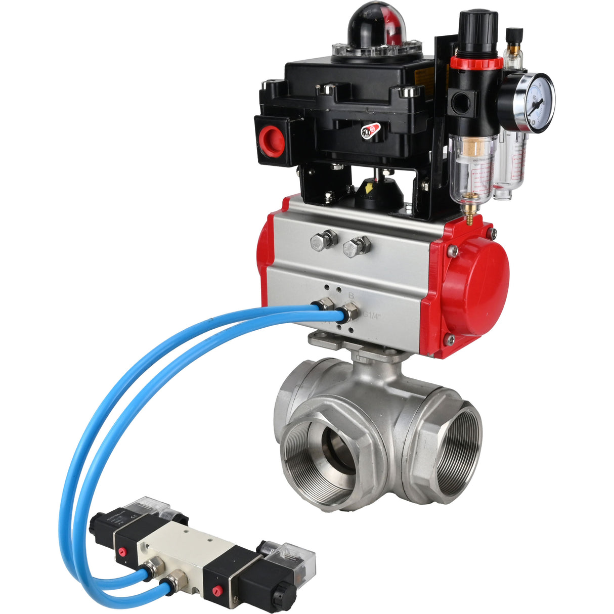 Ball valves Elephant BV3232P(4pc)-SP-3WL-T-ISO-H,  body material - Stainless steel AISI 316, seal - PTFE / PTFE / Teflon, with pneumatic actuator double action PA-DA, 4V320-08 220V, LSU APL-410N Ex, ATU AFC2000
