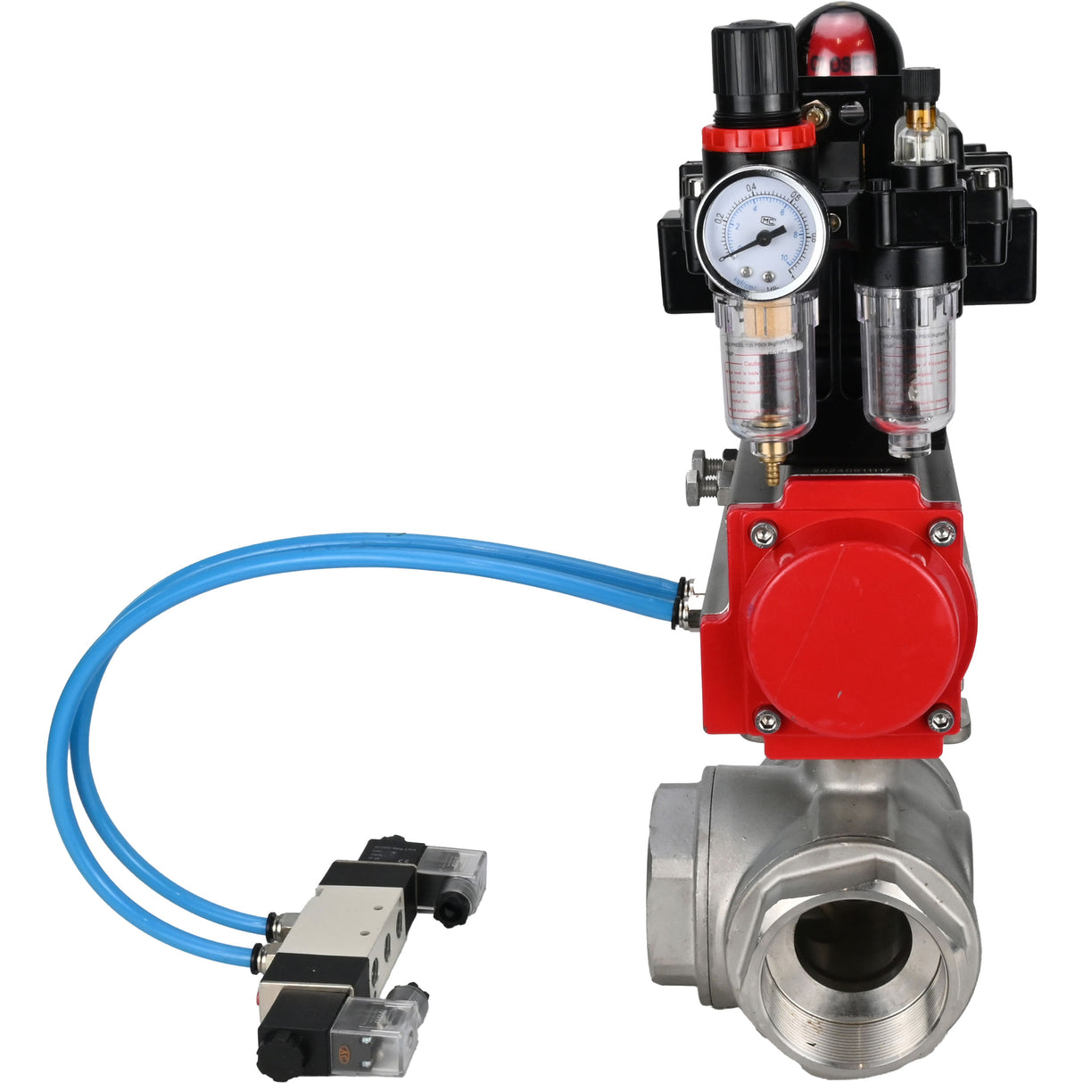 Ball valves Elephant BV3232P(4pc)-SP-3WL-T-ISO-H,  body material - Stainless steel AISI 316, seal - PTFE / PTFE / Teflon, with pneumatic actuator double action PA-DA, 4V320-08 220V, LSU APL-410N Ex, ATU AFC2000