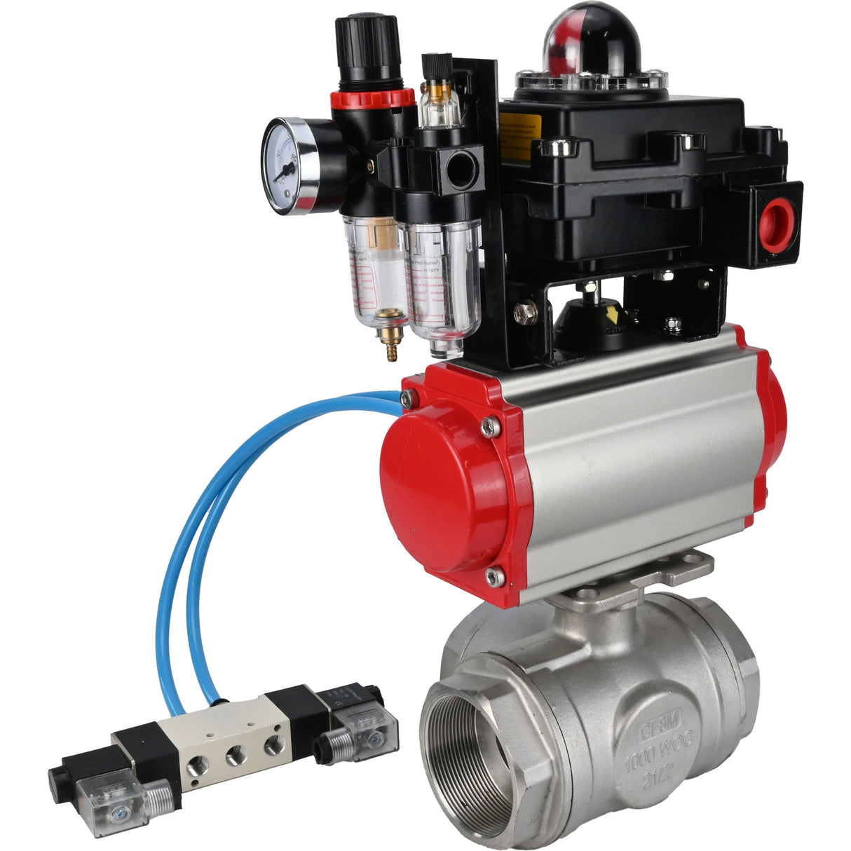Ball valves Elephant BV3232P(4pc)-SP-3WL-T-ISO-H,  body material - Stainless steel AISI 316, seal - PTFE / PTFE / Teflon, with pneumatic actuator double action PA-DA, 4V320-08 220V, LSU APL-410N Ex, ATU AFC2000