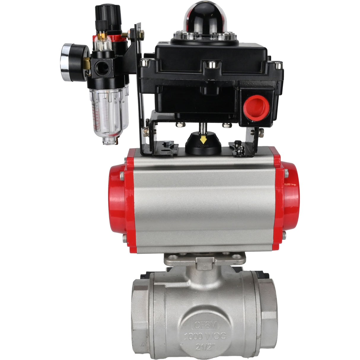 Ball valves Elephant BV3232P(4pc)-SP-3WL-T-ISO-H,  body material - Stainless steel AISI 316, seal - PTFE / PTFE / Teflon, with pneumatic actuator double action PA-DA, 4V320-08 220V, LSU APL-410N Ex, ATU AFC2000