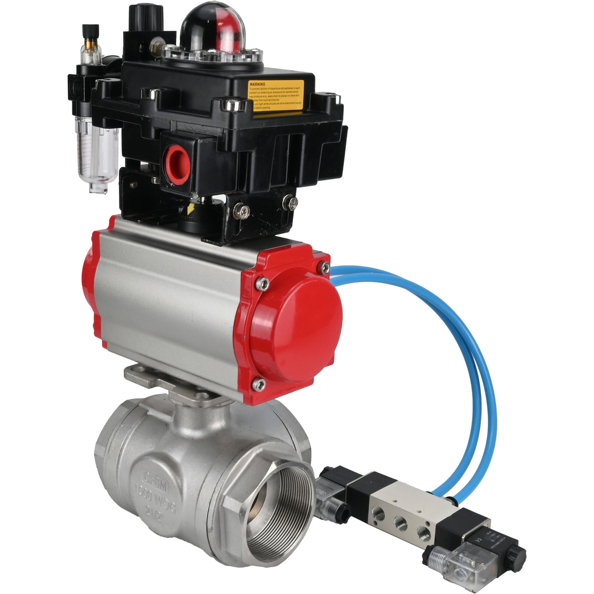 Ball valves Elephant BV3232P(4pc)-SP-3WL-T-ISO-H,  body material - Stainless steel AISI 316, seal - PTFE / PTFE / Teflon, with pneumatic actuator double action PA-DA, 4V320-08 220V, LSU APL-410N Ex, ATU AFC2000