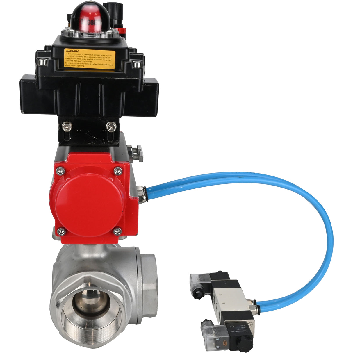 Ball valves Elephant BV3232P(4pc)-SP-3WL-T-ISO-H,  body material - Stainless steel AISI 316, seal - PTFE / PTFE / Teflon, with pneumatic actuator double action PA-DA, 4V320-08 220V, LSU APL-410N Ex, ATU AFC2000