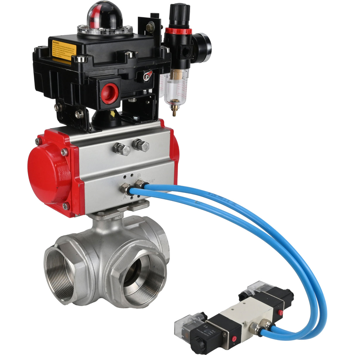 Ball valves Elephant BV3232P(4pc)-SP-3WL-T-ISO-H,  body material - Stainless steel AISI 316, seal - PTFE / PTFE / Teflon, with pneumatic actuator double action PA-DA, 4V320-08 220V, LSU APL-410N Ex, ATU AFC2000