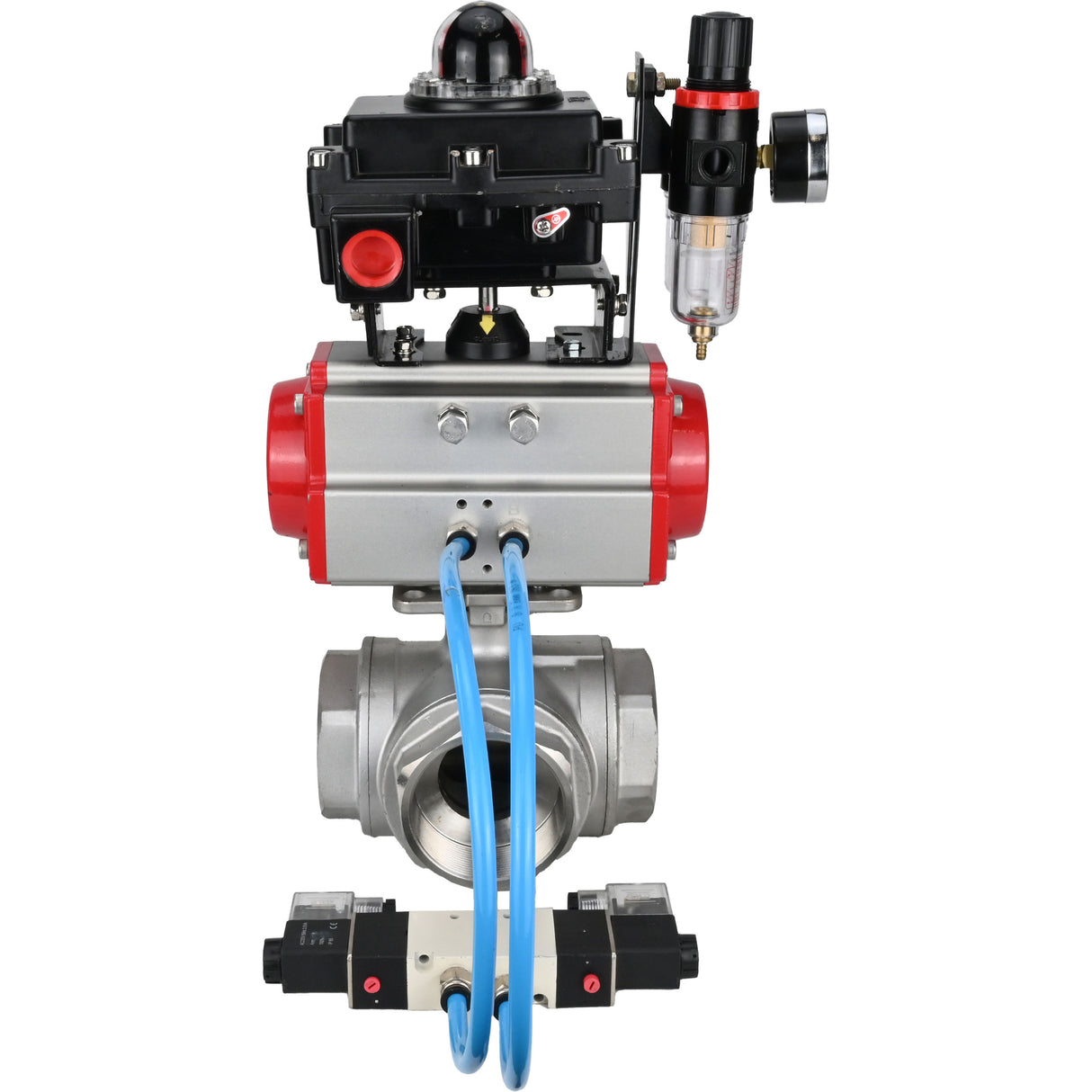 Ball valves Elephant BV3232P(4pc)-SP-3WL-T-ISO-H,  body material - Stainless steel AISI 316, seal - PTFE / PTFE / Teflon, with pneumatic actuator double action PA-DA, 4V320-08 220V, LSU APL-410N Ex, ATU AFC2000
