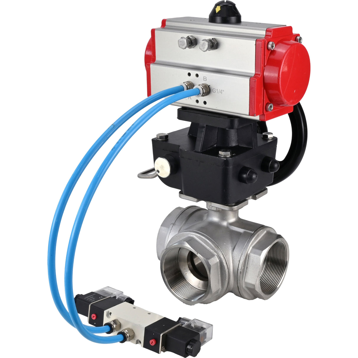 Ball valves Elephant BV3232P(4pc)-SP-3WL-T-ISO-H,  body material - Stainless steel AISI 316, seal - PTFE / PTFE / Teflon, with pneumatic actuator double action PA-DA, 4V320-08 220Vhandwheel MON