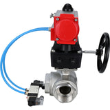 Ball valves Elephant BV3232P(4pc)-SP-3WL-T-ISO-H,  body material - Stainless steel AISI 316, seal - PTFE / PTFE / Teflon, with pneumatic actuator double action PA-DA, 4V320-08 220Vhandwheel MON