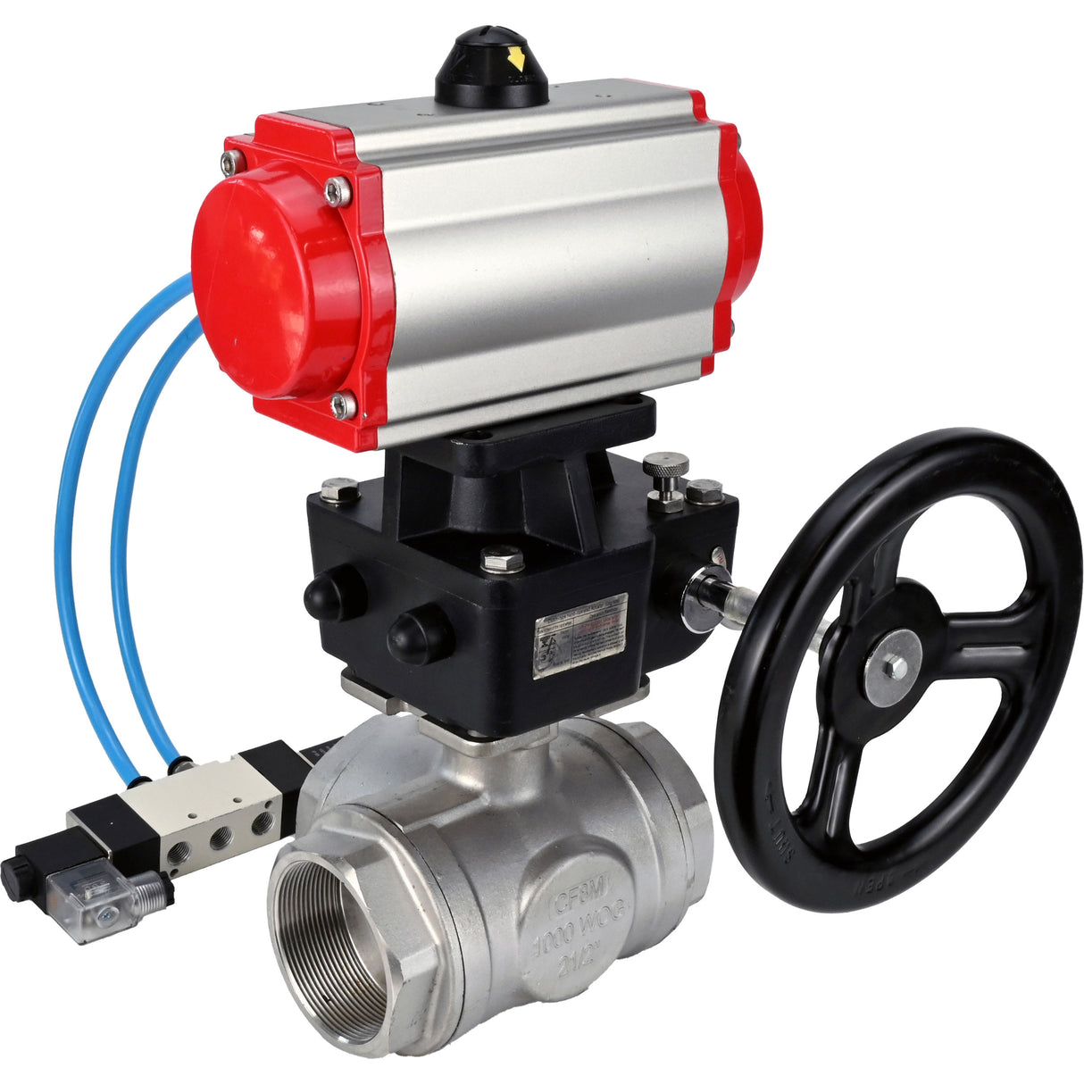 Ball valves Elephant BV3232P(4pc)-SP-3WL-T-ISO-H,  body material - Stainless steel AISI 316, seal - PTFE / PTFE / Teflon, with pneumatic actuator double action PA-DA, 4V320-08 220Vhandwheel MON