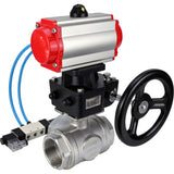 Ball valves Elephant BV3232P(4pc)-SP-3WL-T-ISO-H,  body material - Stainless steel AISI 316, seal - PTFE / PTFE / Teflon, with pneumatic actuator double action PA-DA, 4V320-08 220Vhandwheel MON