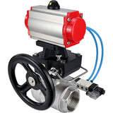 Ball valves Elephant BV3232P(4pc)-SP-3WL-T-ISO-H,  body material - Stainless steel AISI 316, seal - PTFE / PTFE / Teflon, with pneumatic actuator double action PA-DA, 4V320-08 220Vhandwheel MON