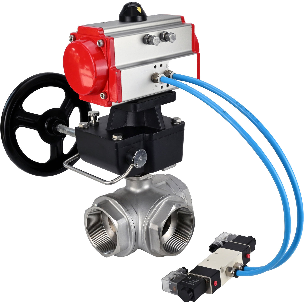 Ball valves Elephant BV3232P(4pc)-SP-3WL-T-ISO-H,  body material - Stainless steel AISI 316, seal - PTFE / PTFE / Teflon, with pneumatic actuator double action PA-DA, 4V320-08 220Vhandwheel MON