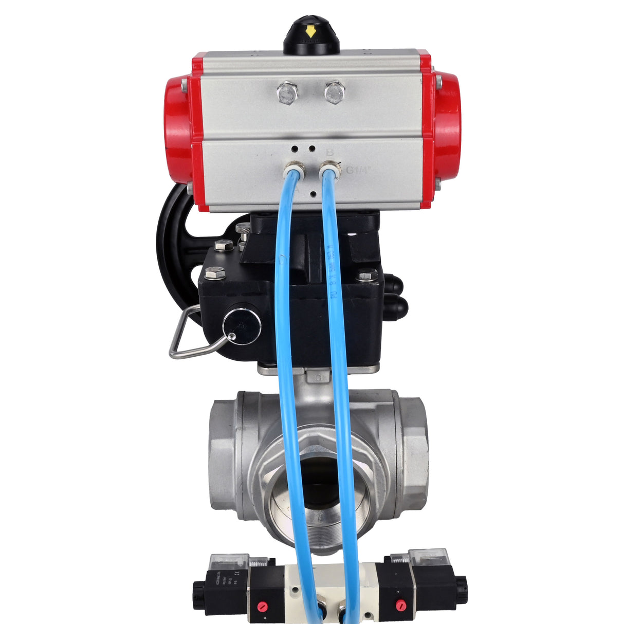 Ball valves Elephant BV3232P(4pc)-SP-3WL-T-ISO-H,  body material - Stainless steel AISI 316, seal - PTFE / PTFE / Teflon, with pneumatic actuator double action PA-DA, 4V320-08 220Vhandwheel MON