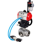 Ball valves Elephant BV3232P(4pc)-SP-3WL-T-ISO-H,  body material - Stainless steel AISI 316, seal - PTFE / PTFE / Teflon, with pneumatic actuator double action PA-DA, 4V320-10 220V, handwheel MON, ATU AFC2000