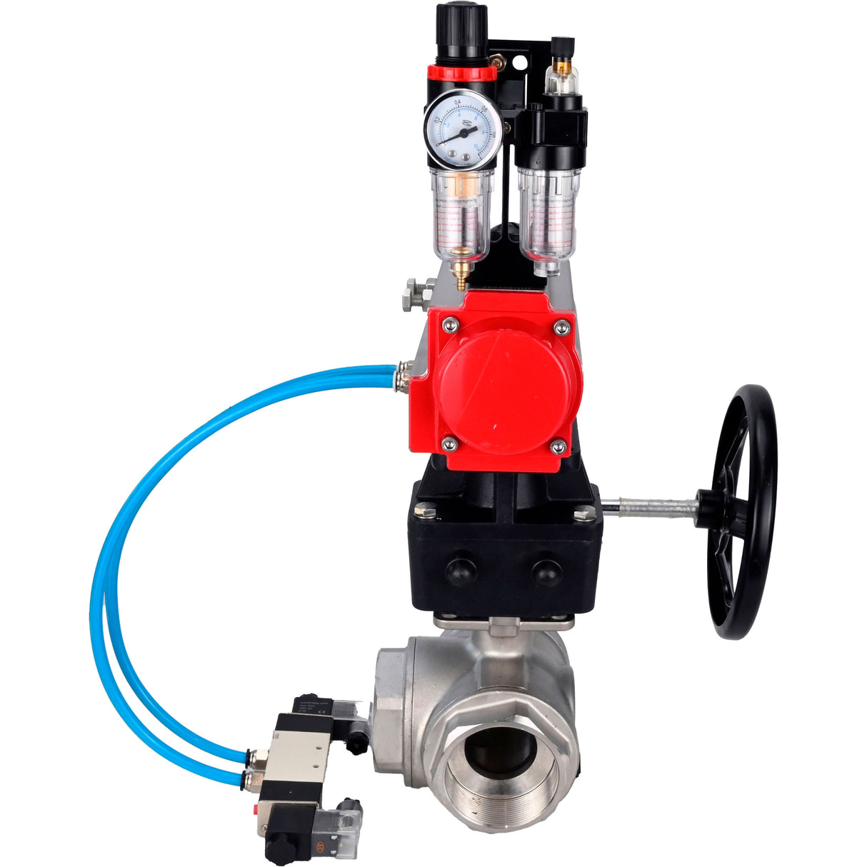 Ball valves Elephant BV3232P(4pc)-SP-3WL-T-ISO-H,  body material - Stainless steel AISI 316, seal - PTFE / PTFE / Teflon, with pneumatic actuator double action PA-DA, 4V320-10 220V, handwheel MON, ATU AFC2000