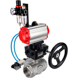 Ball valves Elephant BV3232P(4pc)-SP-3WL-T-ISO-H,  body material - Stainless steel AISI 316, seal - PTFE / PTFE / Teflon, with pneumatic actuator double action PA-DA, 4V320-10 220V, handwheel MON, ATU AFC2000