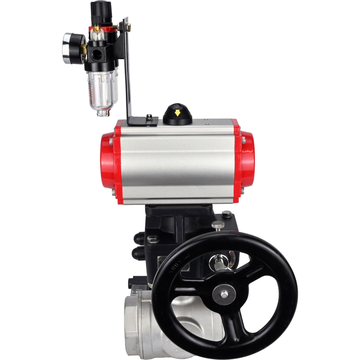 Ball valves Elephant BV3232P(4pc)-SP-3WL-T-ISO-H,  body material - Stainless steel AISI 316, seal - PTFE / PTFE / Teflon, with pneumatic actuator double action PA-DA, 4V320-10 220V, handwheel MON, ATU AFC2000