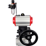 Ball valves Elephant BV3232P(4pc)-SP-3WL-T-ISO-H,  body material - Stainless steel AISI 316, seal - PTFE / PTFE / Teflon, with pneumatic actuator double action PA-DA, 4V320-10 220V, handwheel MON, ATU AFC2000