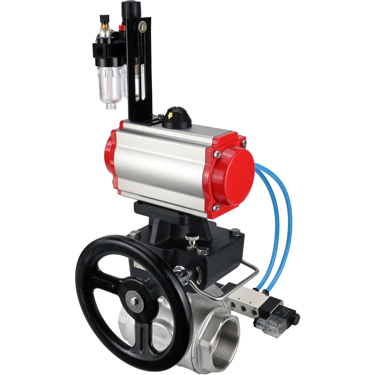 Ball valves Elephant BV3232P(4pc)-SP-3WL-T-ISO-H,  body material - Stainless steel AISI 316, seal - PTFE / PTFE / Teflon, with pneumatic actuator double action PA-DA, 4V320-10 220V, handwheel MON, ATU AFC2000
