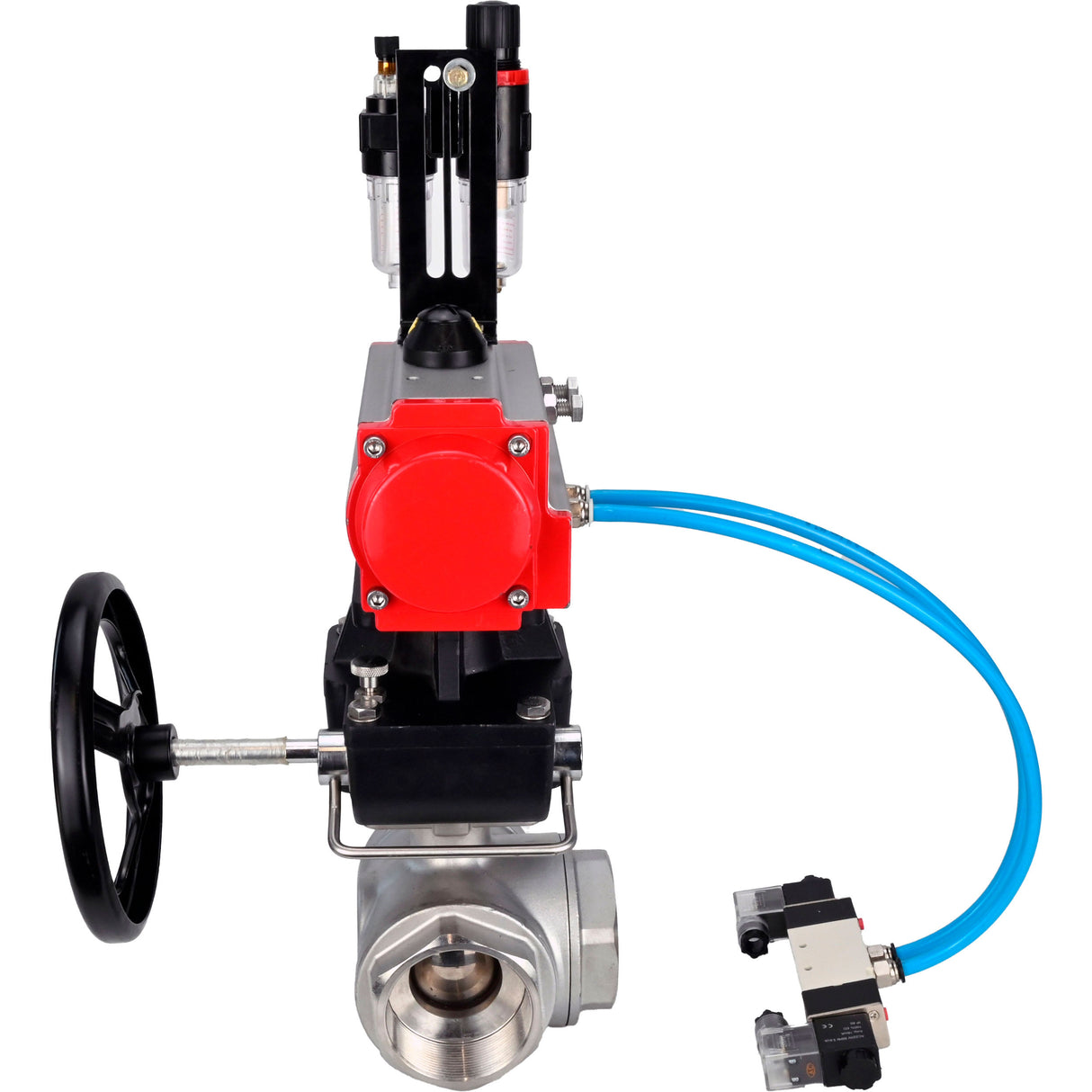 Ball valves Elephant BV3232P(4pc)-SP-3WL-T-ISO-H,  body material - Stainless steel AISI 316, seal - PTFE / PTFE / Teflon, with pneumatic actuator double action PA-DA, 4V320-10 220V, handwheel MON, ATU AFC2000
