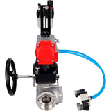 Ball valves Elephant BV3232P(4pc)-SP-3WL-T-ISO-H,  body material - Stainless steel AISI 316, seal - PTFE / PTFE / Teflon, with pneumatic actuator double action PA-DA, 4V320-10 220V, handwheel MON, ATU AFC2000