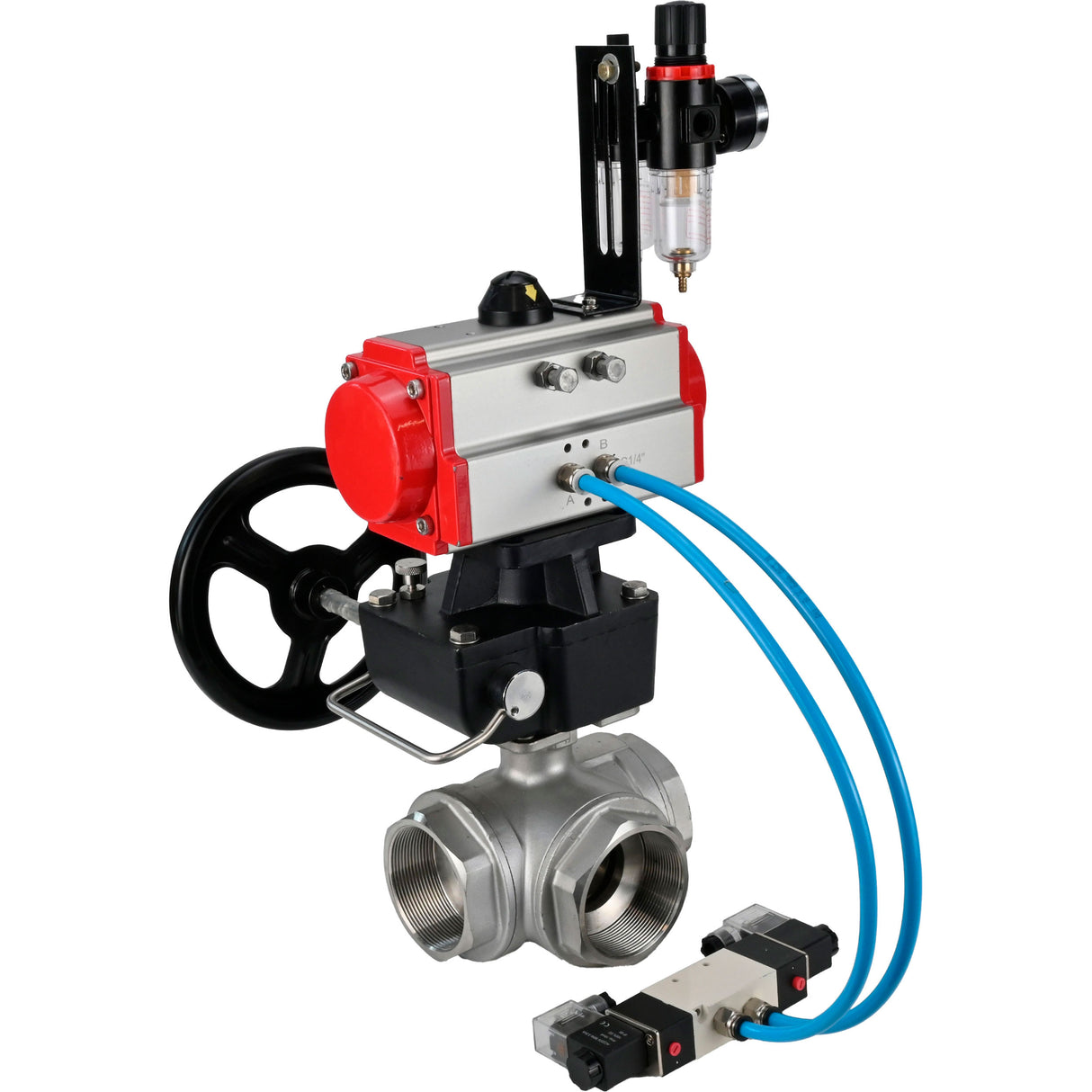 Ball valves Elephant BV3232P(4pc)-SP-3WL-T-ISO-H,  body material - Stainless steel AISI 316, seal - PTFE / PTFE / Teflon, with pneumatic actuator double action PA-DA, 4V320-10 220V, handwheel MON, ATU AFC2000