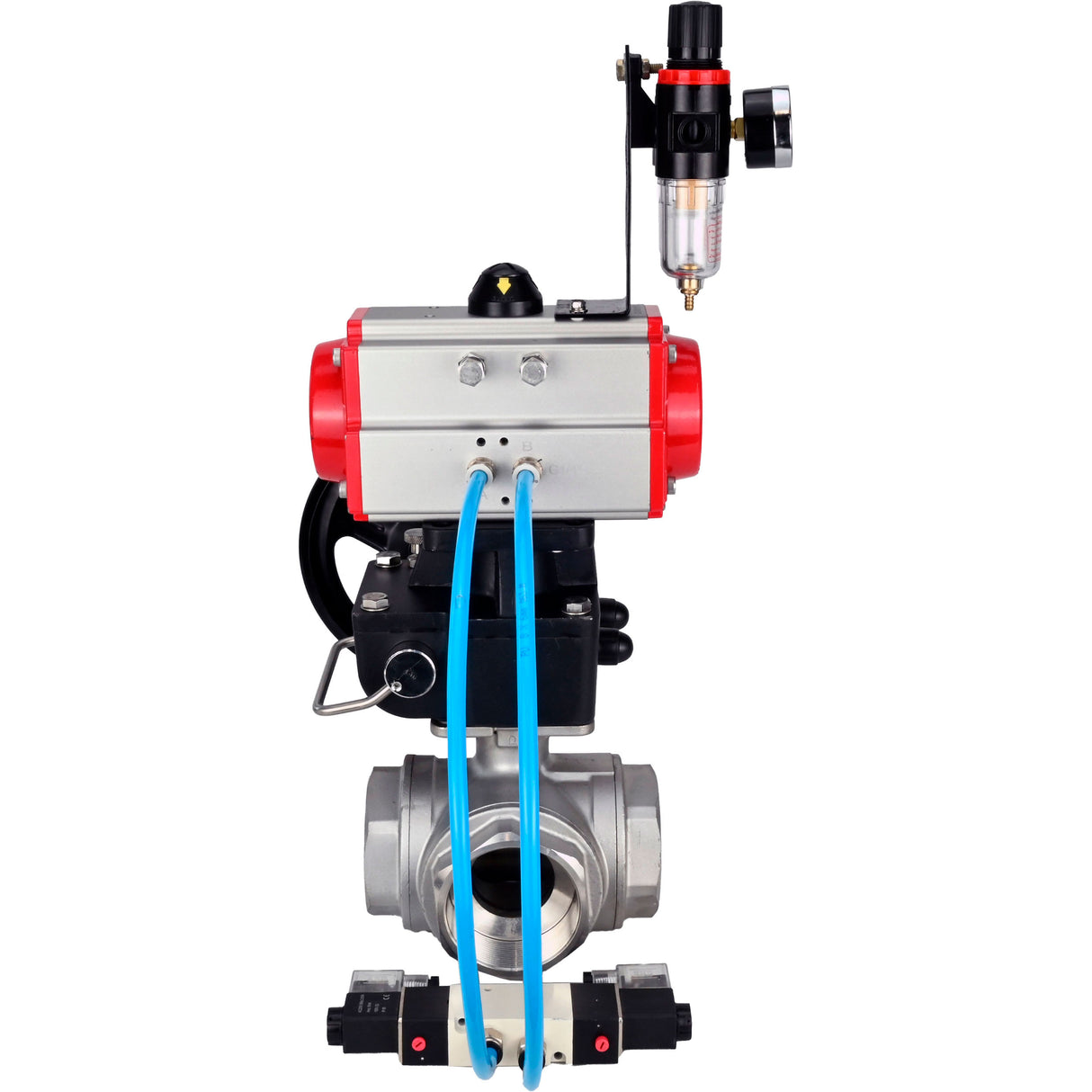 Ball valves Elephant BV3232P(4pc)-SP-3WL-T-ISO-H,  body material - Stainless steel AISI 316, seal - PTFE / PTFE / Teflon, with pneumatic actuator double action PA-DA, 4V320-10 220V, handwheel MON, ATU AFC2000