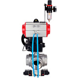 Ball valves Elephant BV3232P(4pc)-SP-3WL-T-ISO-H,  body material - Stainless steel AISI 316, seal - PTFE / PTFE / Teflon, with pneumatic actuator double action PA-DA, 4V320-10 220V, handwheel MON, ATU AFC2000