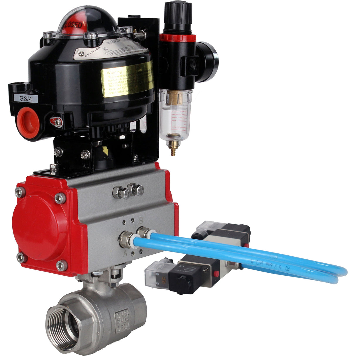 Ball valves Elephant BV3232P(2pc)-FP-T-ISO-H threaded, full bore, stainless steel body. steel SS316, seal - PTFE, with pneumatic actuator Elephant PA-DA 052-105 pneumatic distributor 4V320-10 ATU AFC2000 LSU APL-510N-EX