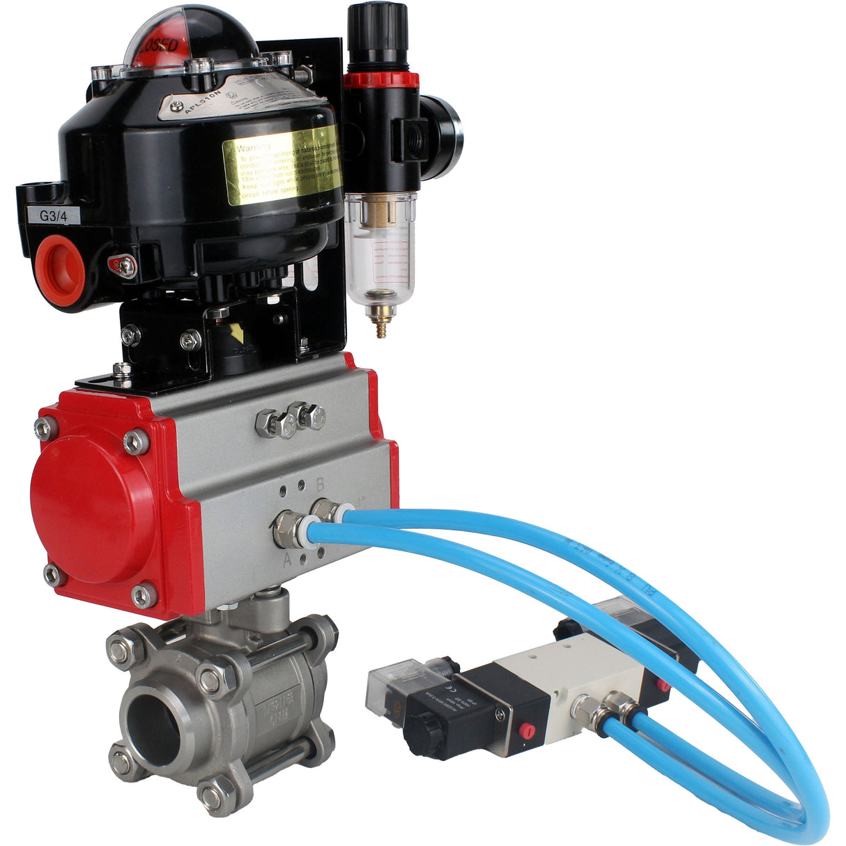 Ball valves Elephant BV3232P(3pc)-FP-W-ISO-H for welding, full bore, stainless steel body. steel SS316, seal - PTFE, with pneumatic actuator Elephant PA-SA 052-130 pneumatic distributor 4V320-10 ATU AFC2000 APL-510N-EX